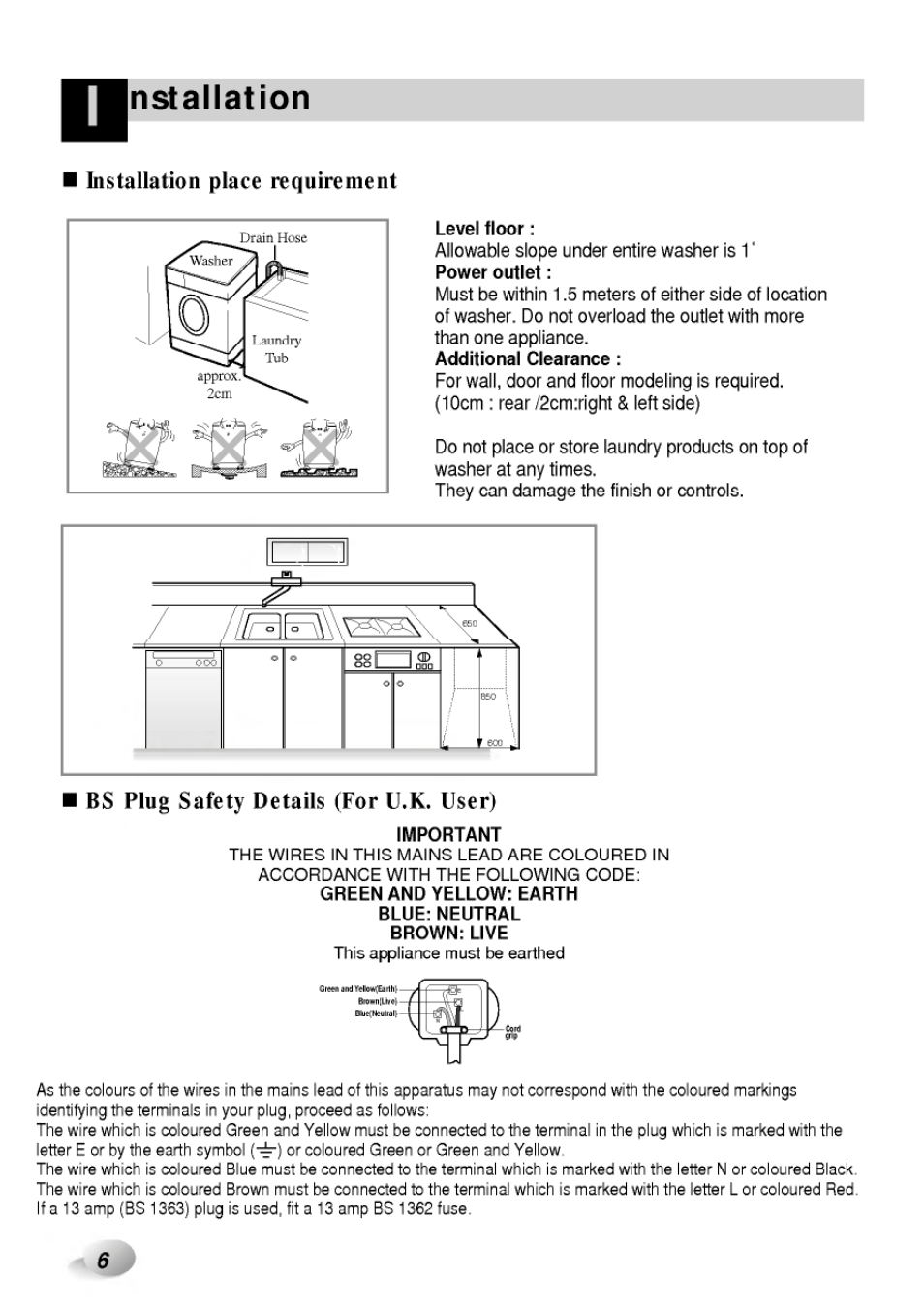 Installation place requirement, Power outlet, Bs plug safety details (for u.k. user) | Nstallation | LG WD-65130F User Manual | Page 6 / 28
