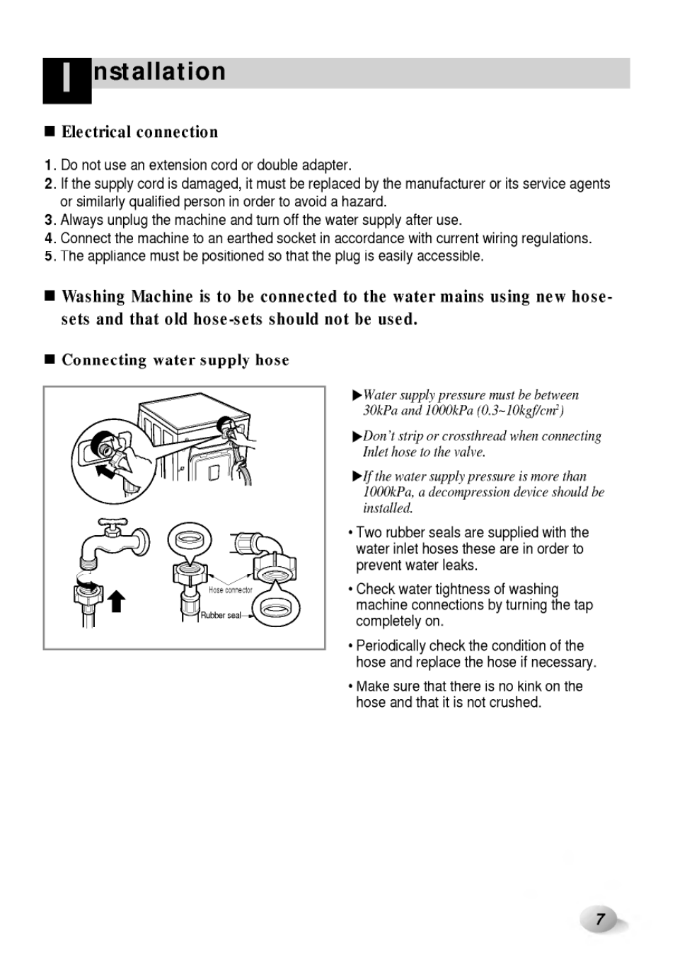 Electrical connection, Connecting water supply hose, Nstallation | LG WD-65130F User Manual | Page 7 / 28
