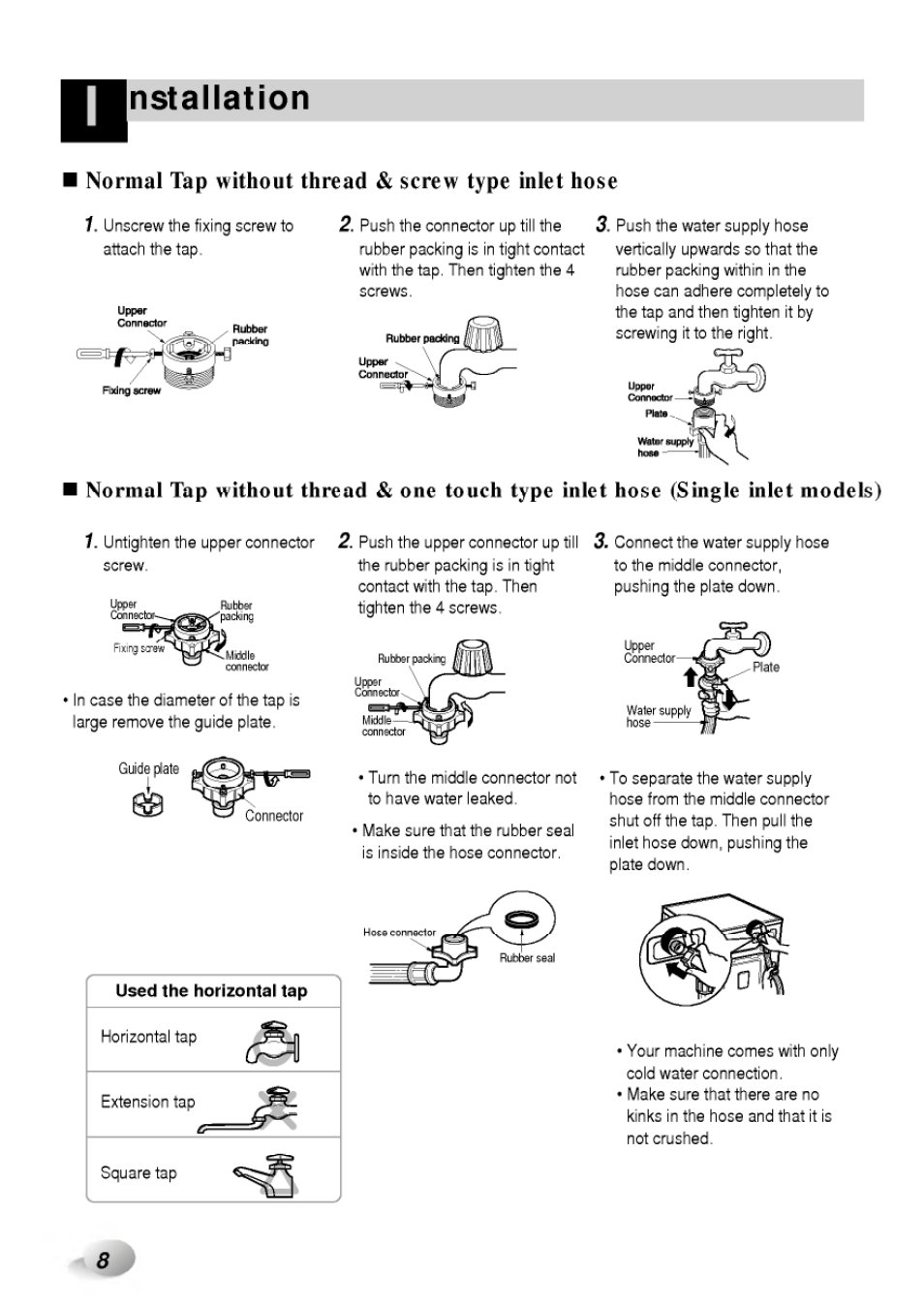 Normal tap without thread & screw type inlet hose, Nstallation, Normal tap without thread | Screw type inlet hose | LG WD-65130F User Manual | Page 8 / 28