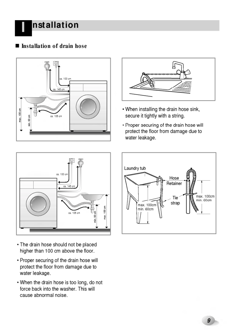 Installation of drain hose, Nstallation | LG WD-65130F User Manual | Page 9 / 28