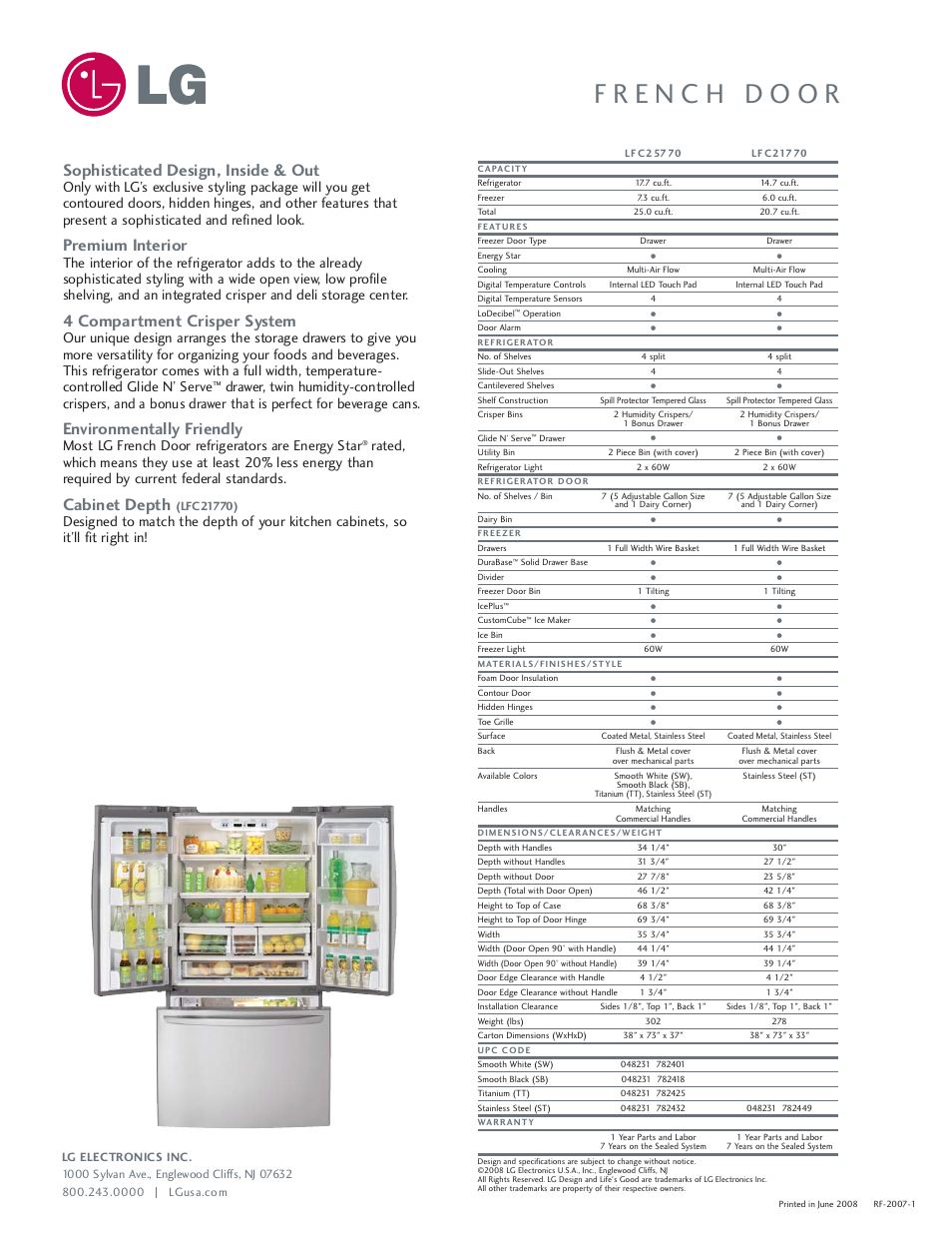 Sophisticated design, inside & out, Premium interior, 4 compartment crisper system | Environmentally friendly, Cabinet depth | LG LFC25770 User Manual | Page 2 / 2