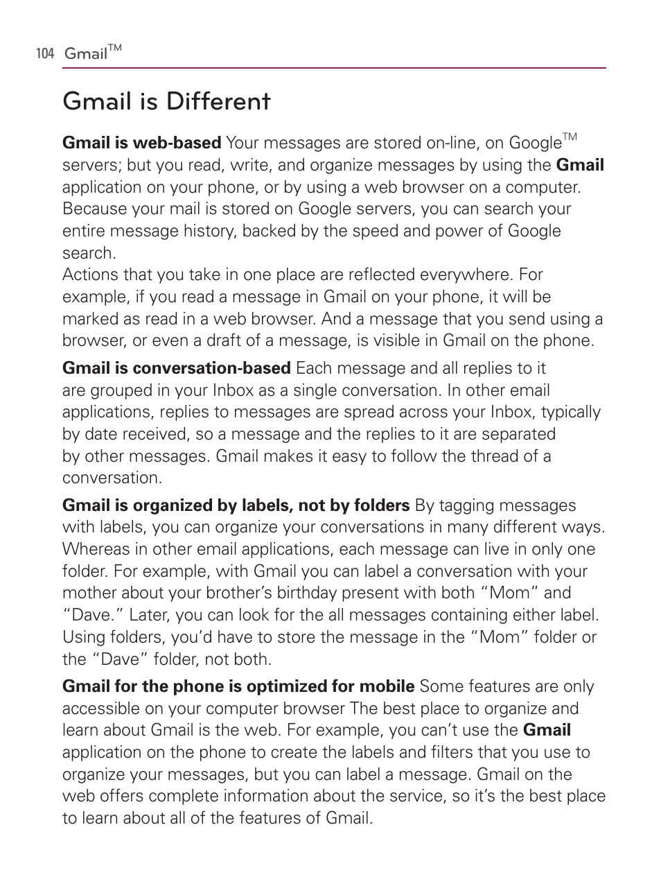 Gmail, Gmail is different | LG AS740 User Manual | Page 105 / 308