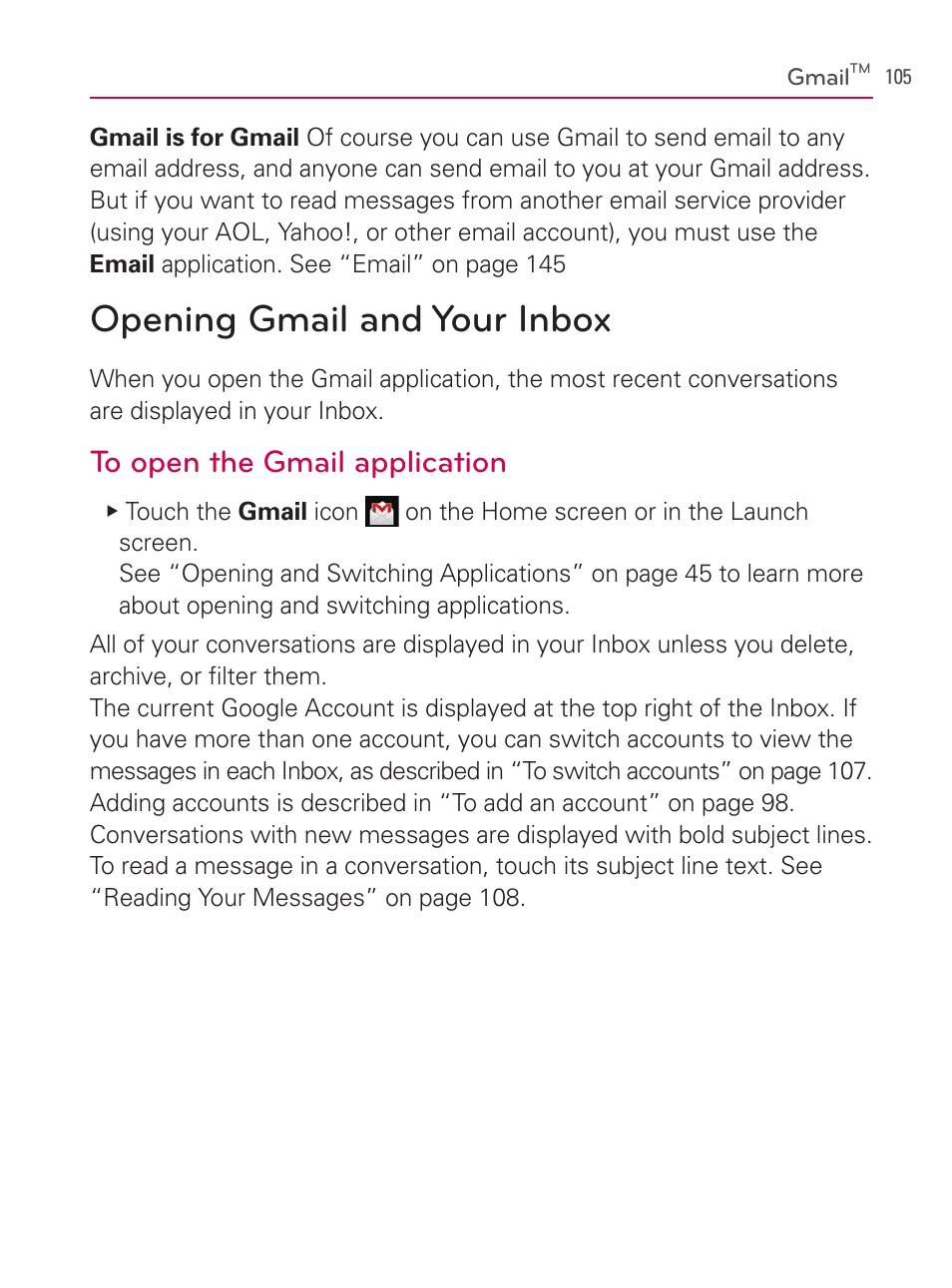 Opening gmail and your inbox | LG AS740 User Manual | Page 106 / 308