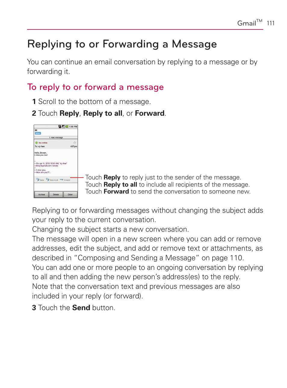 Replying to or forwarding a message | LG AS740 User Manual | Page 112 / 308