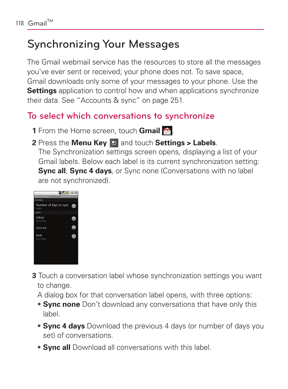 Synchronizing your messages | LG AS740 User Manual | Page 119 / 308