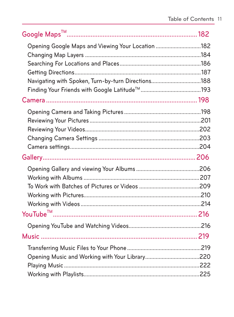 Google maps, Camera, Gallery | Youtube, Music | LG AS740 User Manual | Page 12 / 308