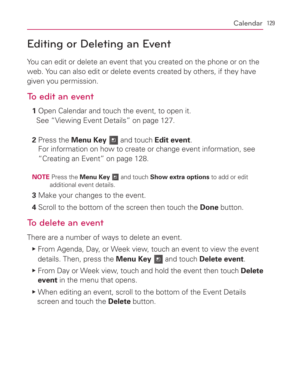 Editing or deleting an event | LG AS740 User Manual | Page 130 / 308