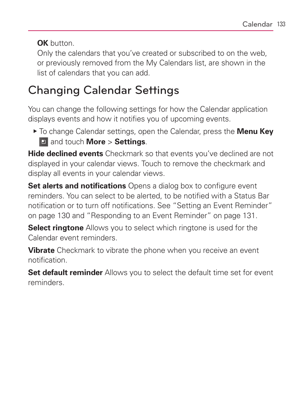 Changing calendar settings | LG AS740 User Manual | Page 134 / 308