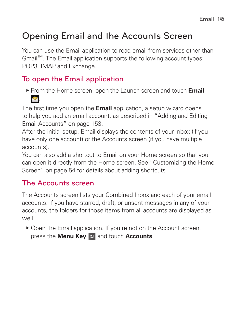 Email, Opening email and the accounts screen, The accounts screen | LG AS740 User Manual | Page 146 / 308