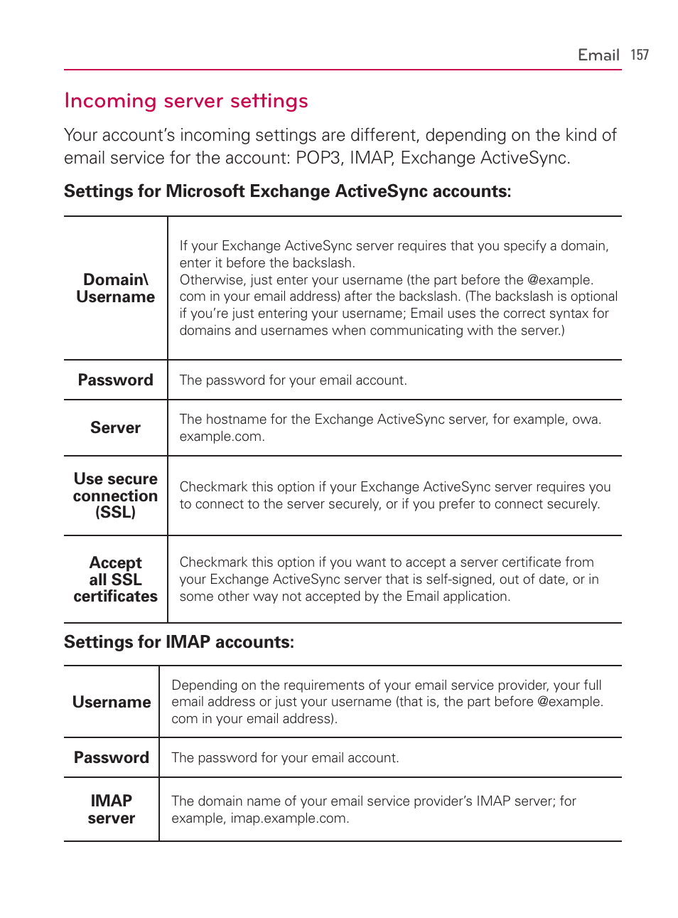 Incoming server settings | LG AS740 User Manual | Page 158 / 308