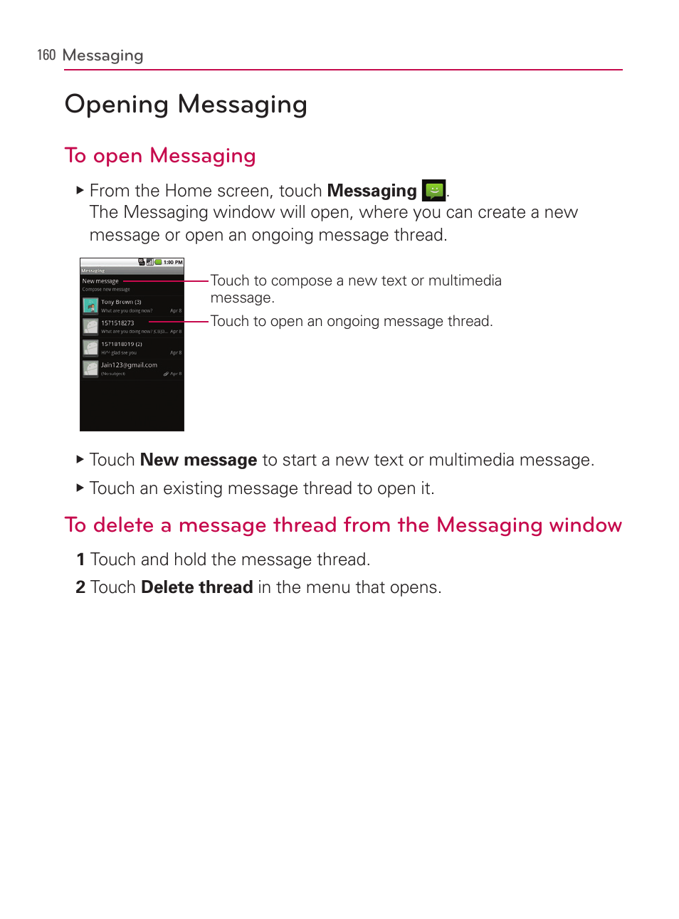 Messaging, Opening messaging | LG AS740 User Manual | Page 161 / 308