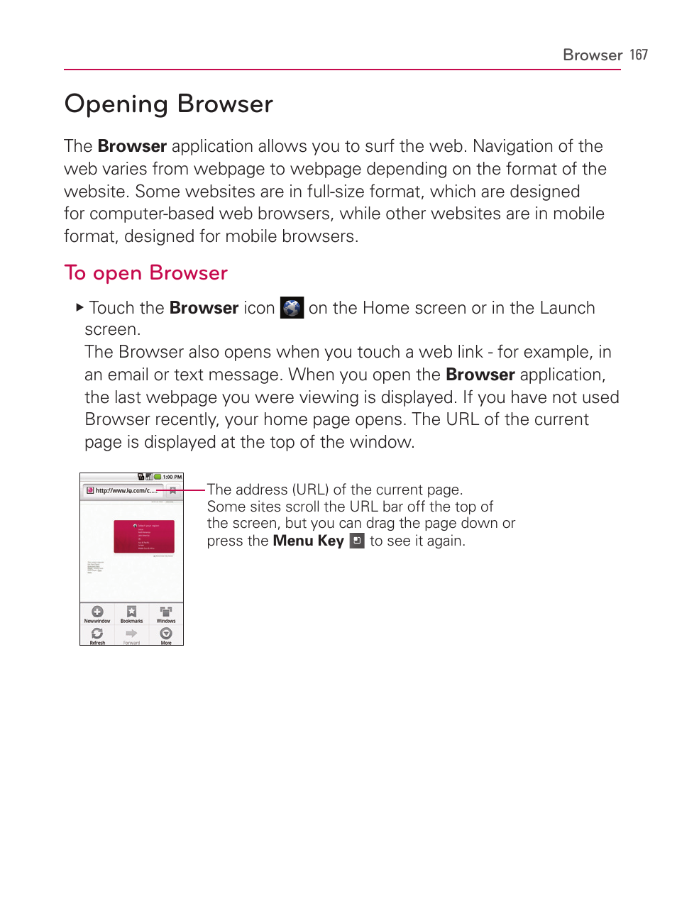Browser, Opening browser | LG AS740 User Manual | Page 168 / 308
