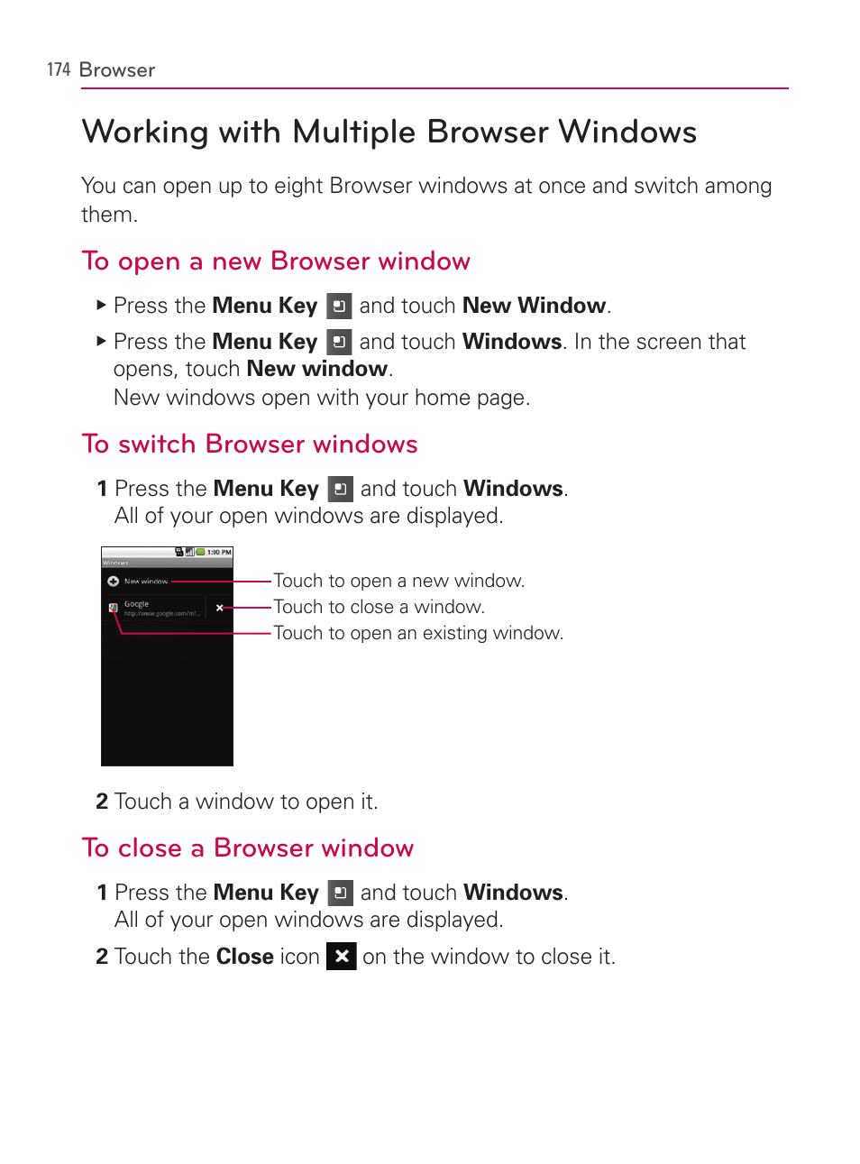 Working with multiple browser windows | LG AS740 User Manual | Page 175 / 308