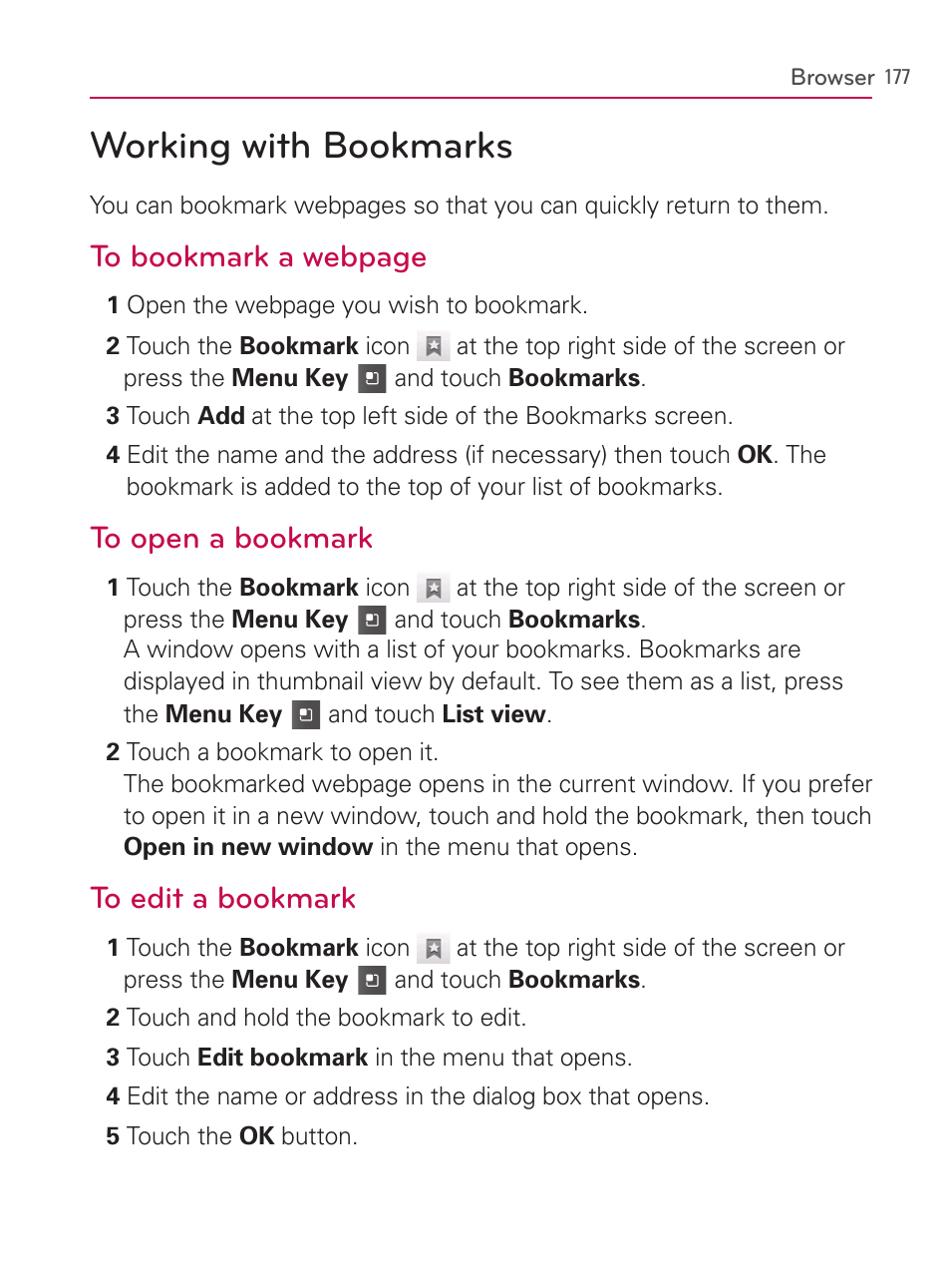 Working with bookmarks | LG AS740 User Manual | Page 178 / 308