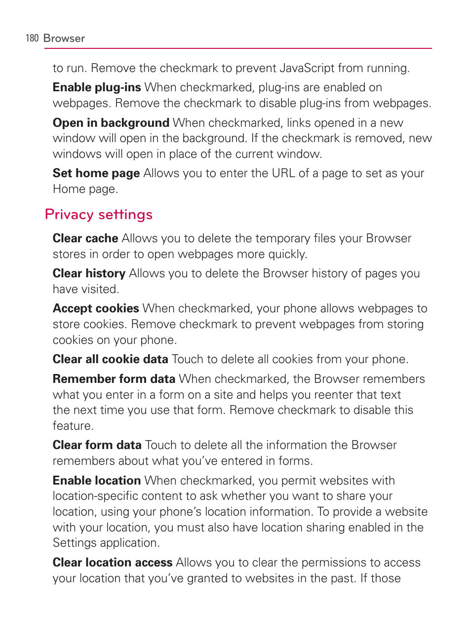 Privacy settings | LG AS740 User Manual | Page 181 / 308