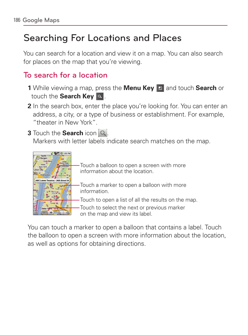 Searching for locations and places | LG AS740 User Manual | Page 187 / 308