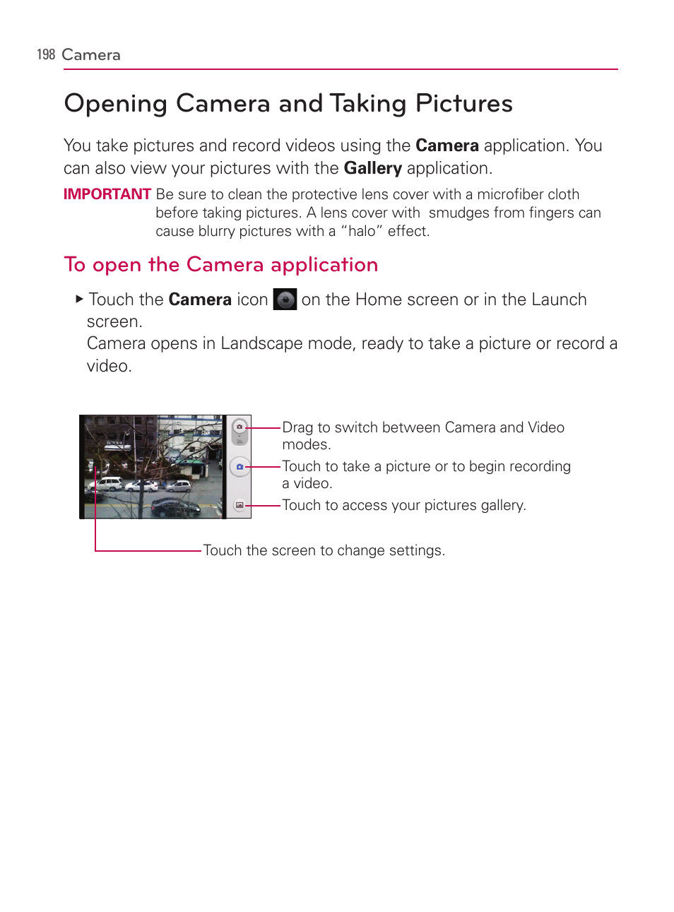 Camera, Opening camera and taking pictures | LG AS740 User Manual | Page 199 / 308