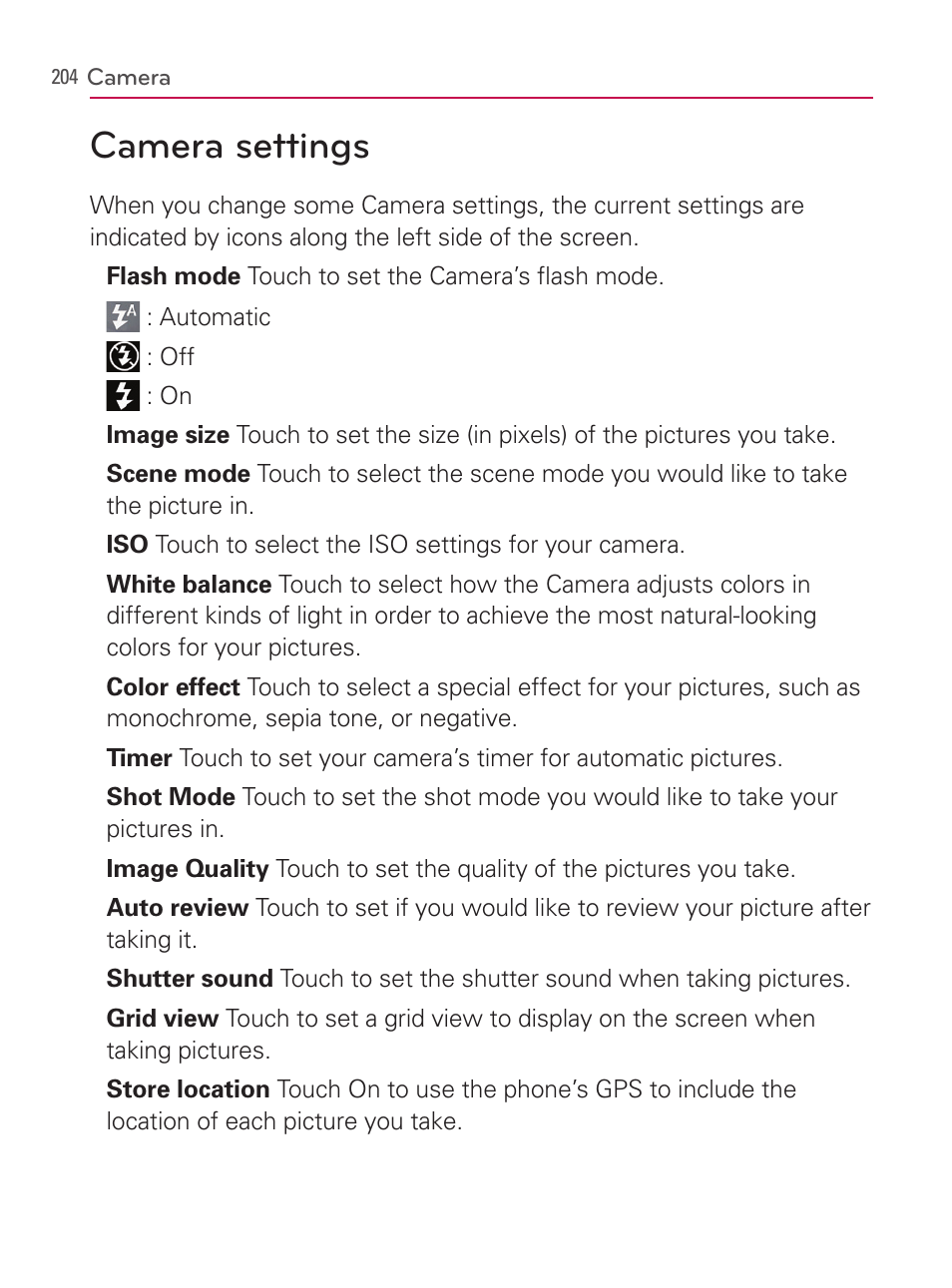 Camera settings | LG AS740 User Manual | Page 205 / 308