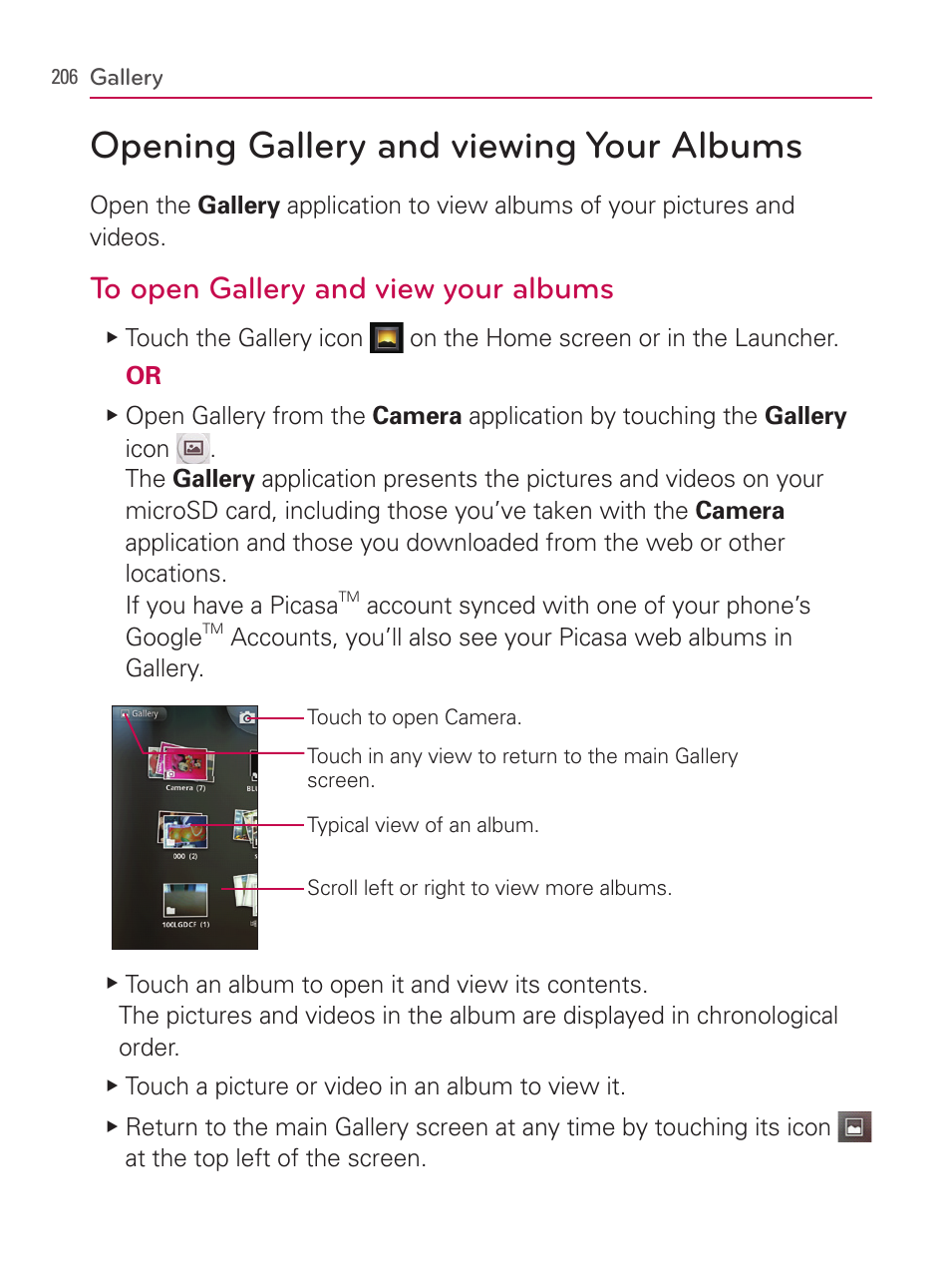 Gallery, Opening gallery and viewing your albums | LG AS740 User Manual | Page 207 / 308