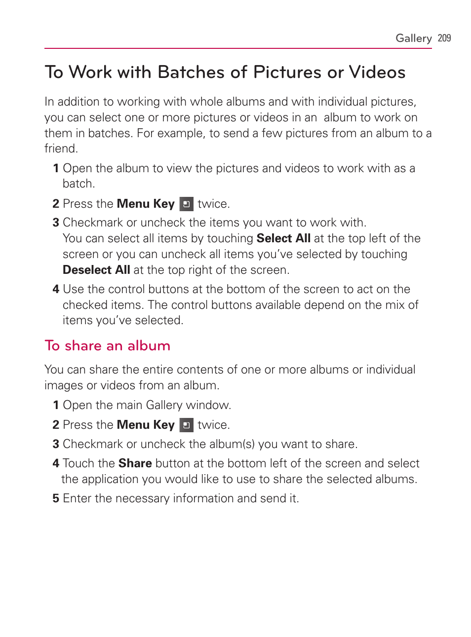 To work with batches of pictures or videos | LG AS740 User Manual | Page 210 / 308