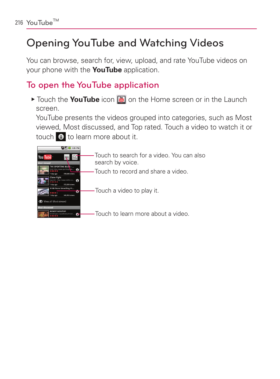 Youtube, Opening youtube and watching videos | LG AS740 User Manual | Page 217 / 308