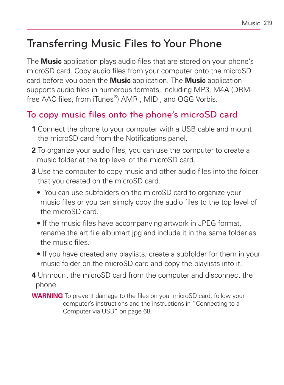 Music, Transferring music files to your phone | LG AS740 User Manual | Page 220 / 308