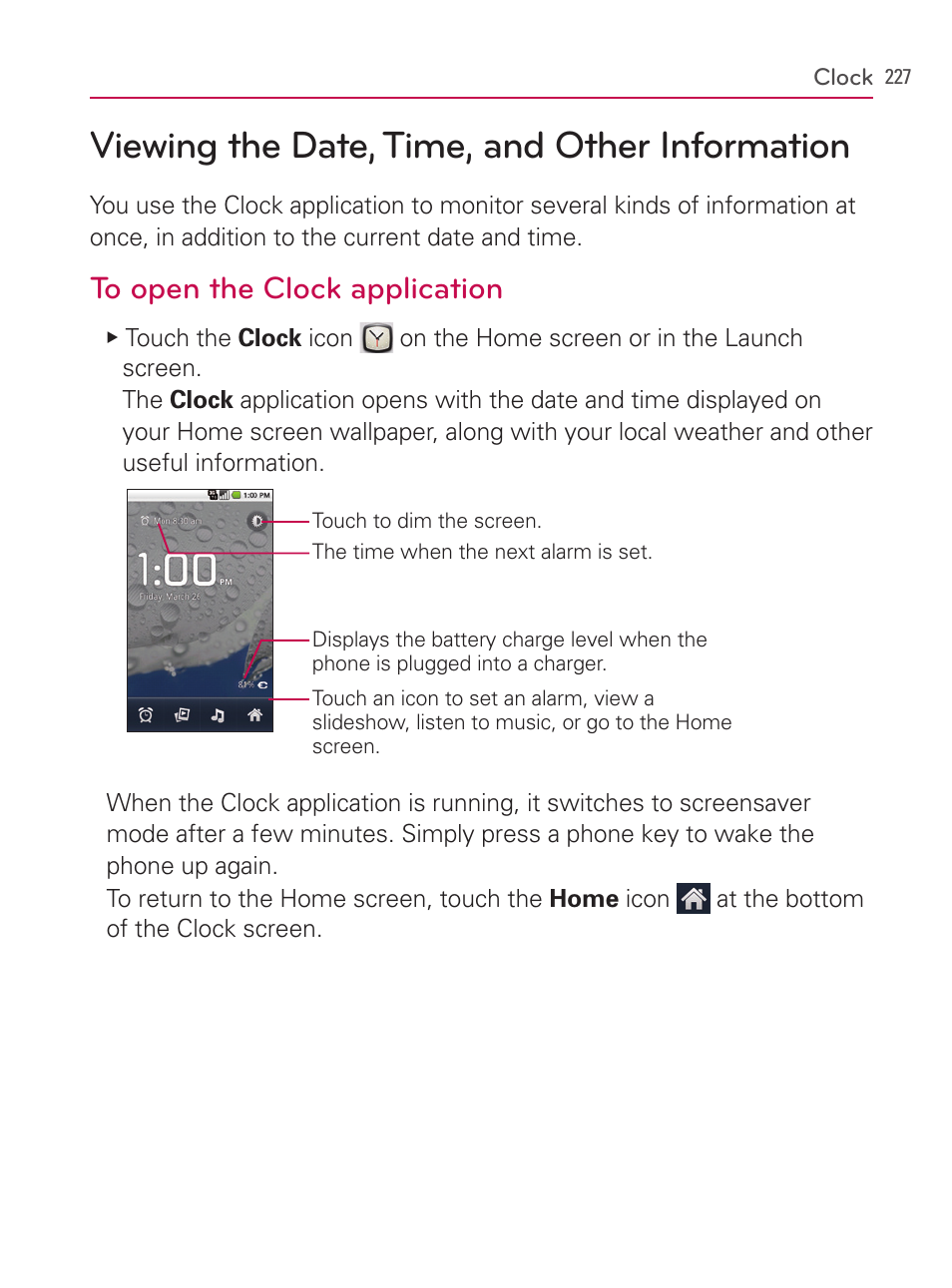 Clock, Viewing the date, time, and other information | LG AS740 User Manual | Page 228 / 308