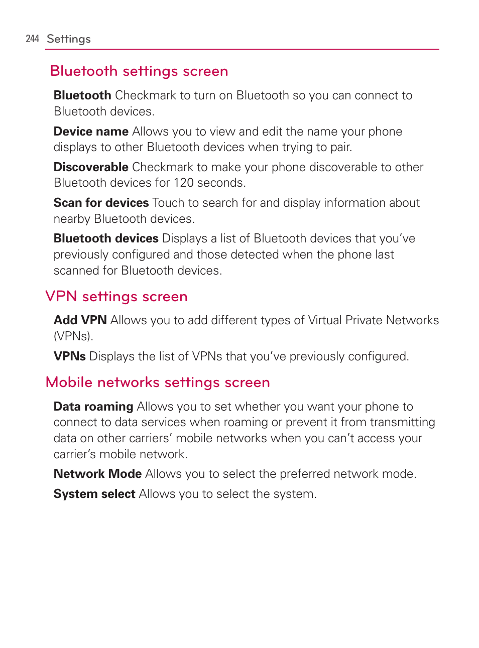 Bluetooth settings screen, Vpn settings screen, Mobile networks settings screen | LG AS740 User Manual | Page 245 / 308