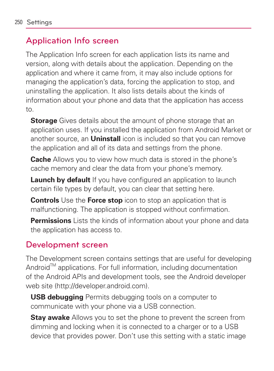 Application info screen, Development screen | LG AS740 User Manual | Page 251 / 308