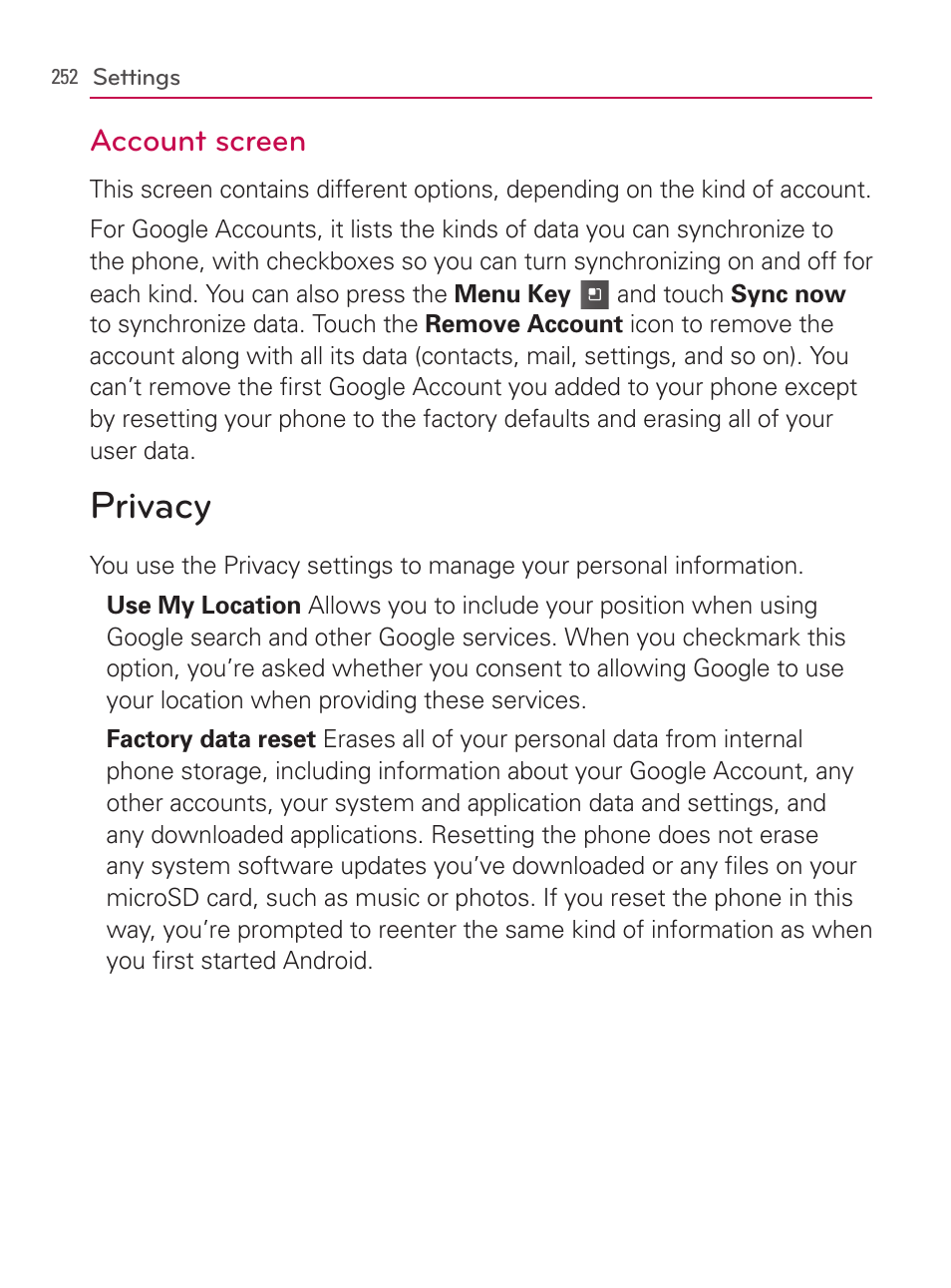 Privacy, Account screen | LG AS740 User Manual | Page 253 / 308