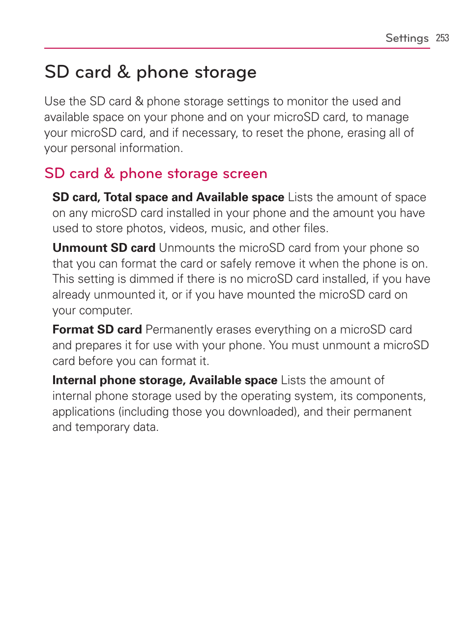 Sd card & phone storage, Sd card & phone storage screen | LG AS740 User Manual | Page 254 / 308