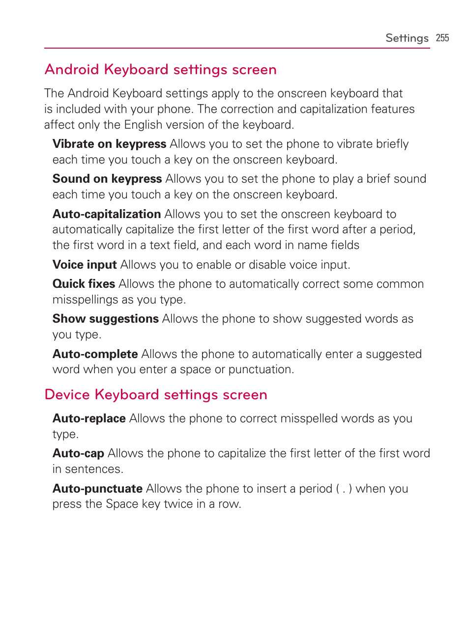 Android keyboard settings screen, Device keyboard settings screen | LG AS740 User Manual | Page 256 / 308