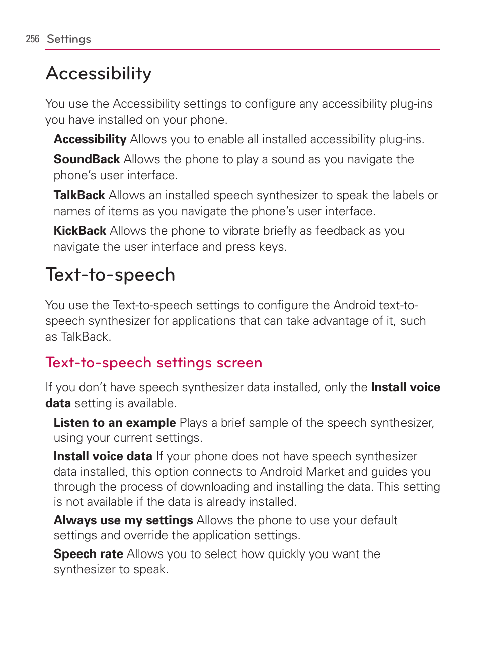 Accessibility, Text-to-speech, Accessibility text-to-speech | Text-to-speech settings screen | LG AS740 User Manual | Page 257 / 308