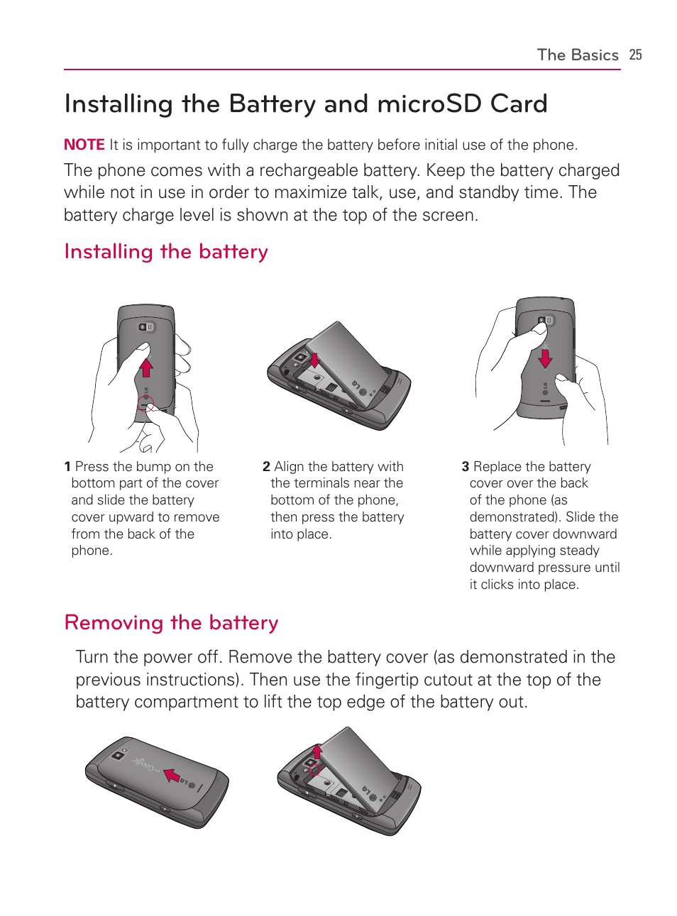 Installing the battery and microsd card, Installing the battery, Removing the battery | LG AS740 User Manual | Page 26 / 308