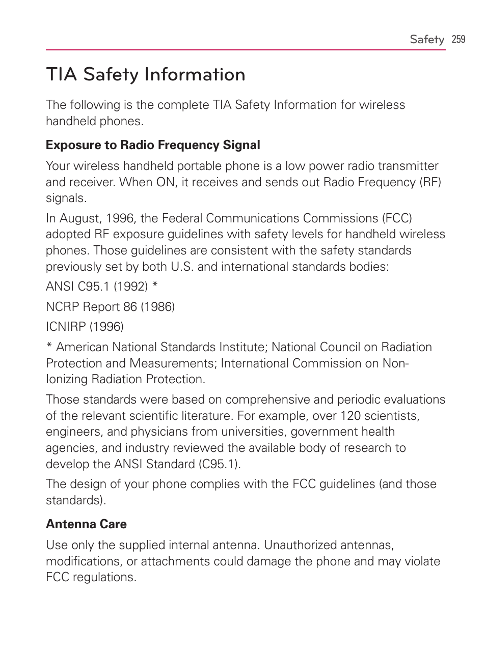 Safety, Tia safety information | LG AS740 User Manual | Page 260 / 308