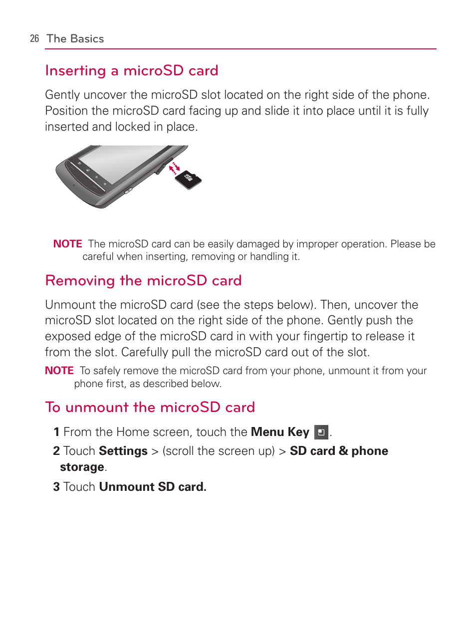 Inserting a microsd card, Removing the microsd card | LG AS740 User Manual | Page 27 / 308