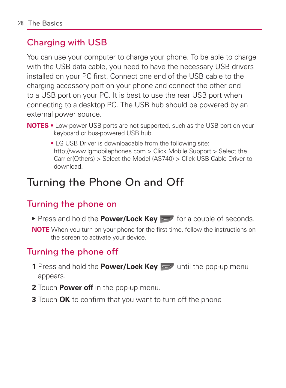 Turning the phone on and off, Charging with usb, Turning the phone on | Turning the phone off | LG AS740 User Manual | Page 29 / 308