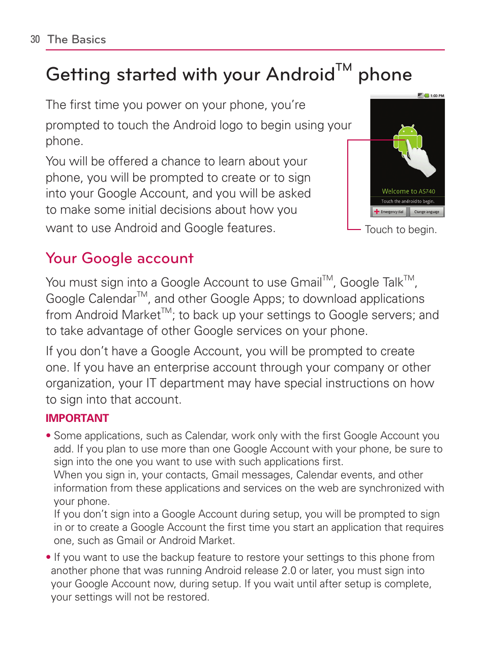 Getting started with your androidtm phone, Getting started with your android, Phone | Your google account | LG AS740 User Manual | Page 31 / 308