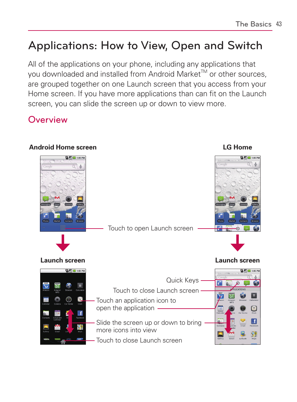 Applications: how to view, open and switc, Applications: how to view, open and switch, Overview | LG AS740 User Manual | Page 44 / 308