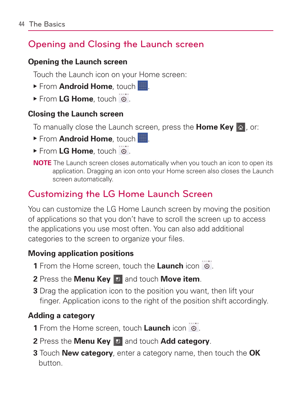 Opening and closing the launch screen, Customizing the lg home launch screen | LG AS740 User Manual | Page 45 / 308