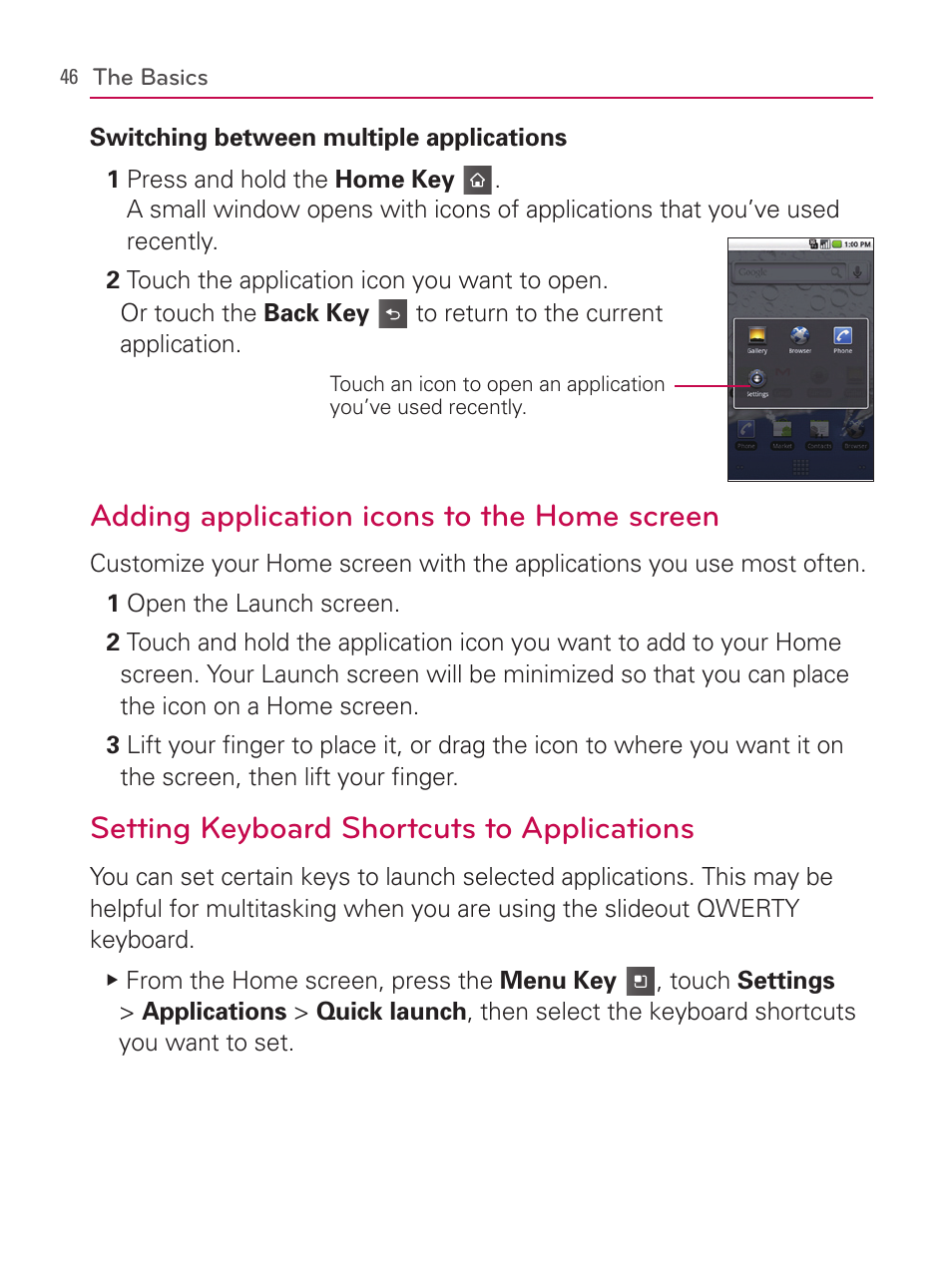 Adding application icons to the home screen, Setting keyboard shortcuts to applications | LG AS740 User Manual | Page 47 / 308