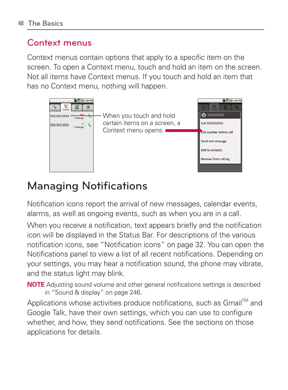 Managing notifications, Context menus | LG AS740 User Manual | Page 49 / 308