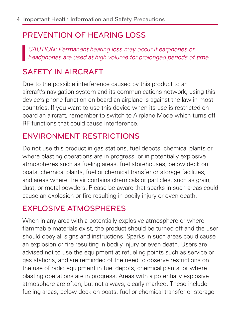 Prevention of hearing loss, Safety in aircraft, Environment restrictions | Explosive atmospheres | LG AS740 User Manual | Page 5 / 308