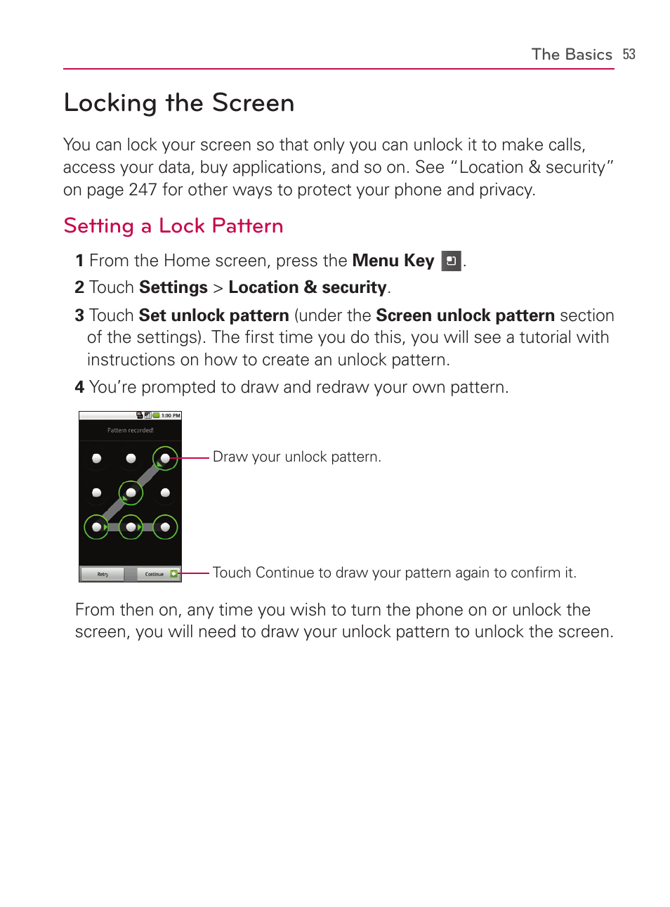 Locking the screen, Setting a lock pattern | LG AS740 User Manual | Page 54 / 308