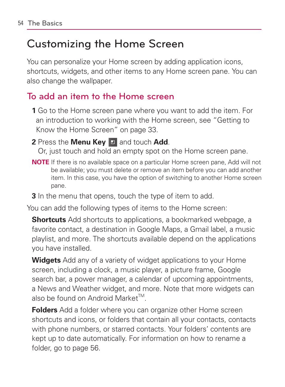 Customizing the home screen | LG AS740 User Manual | Page 55 / 308