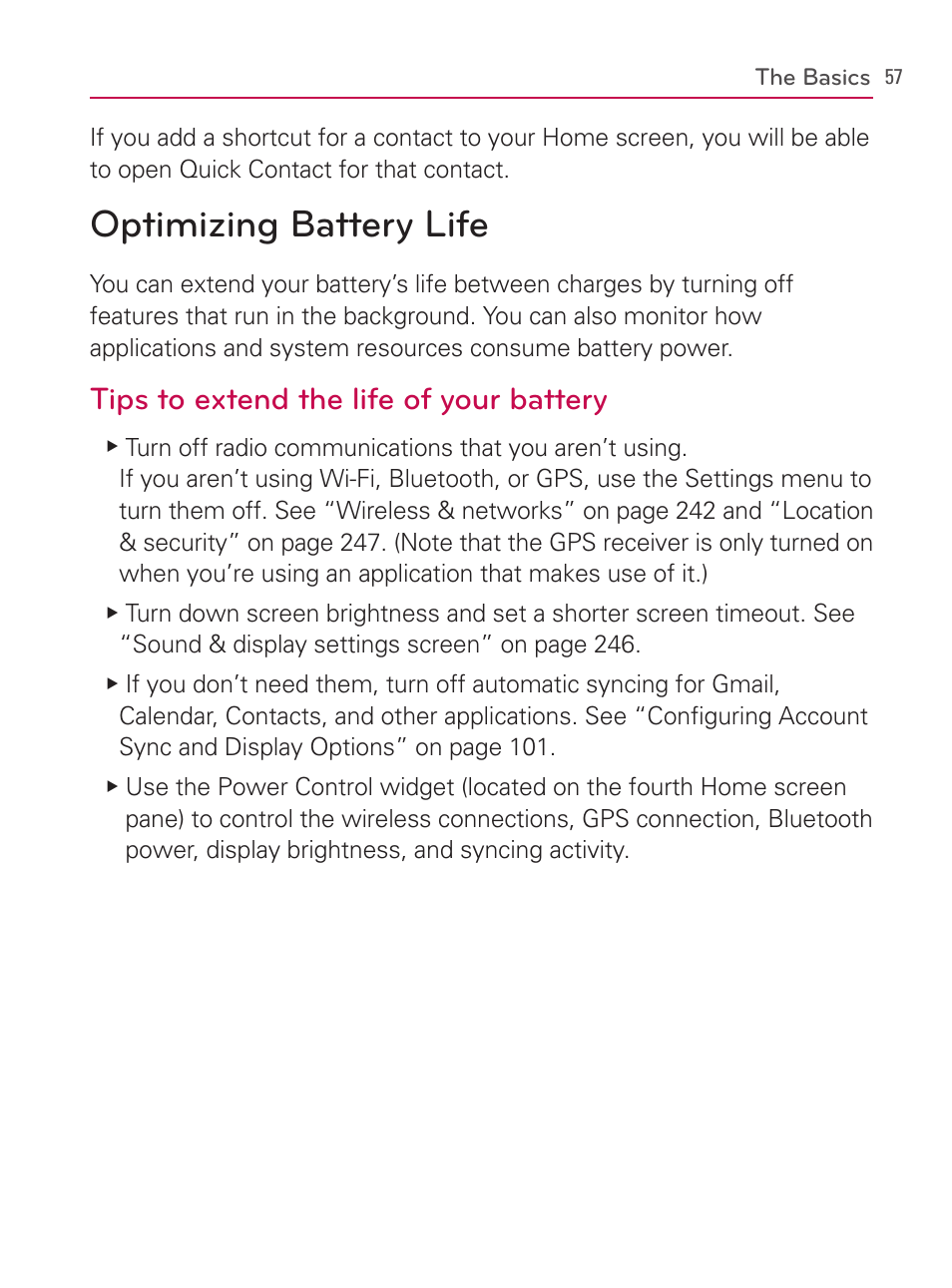 Optimizing battery life, Tips to extend the life of your battery | LG AS740 User Manual | Page 58 / 308