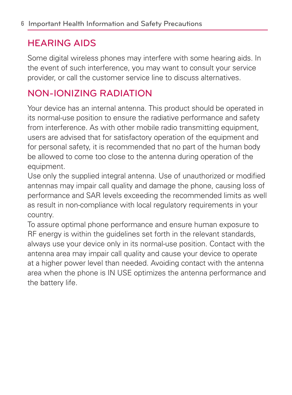 Hearing aids, Non-ionizing radiation | LG AS740 User Manual | Page 7 / 308