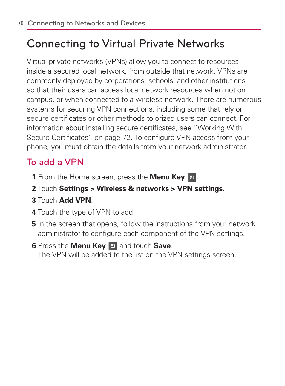 Connecting to virtual private networks | LG AS740 User Manual | Page 71 / 308