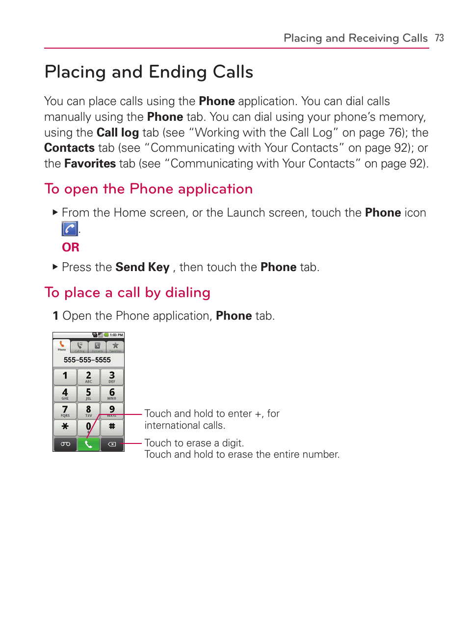 Placing and receiving calls, Placing and ending calls | LG AS740 User Manual | Page 74 / 308