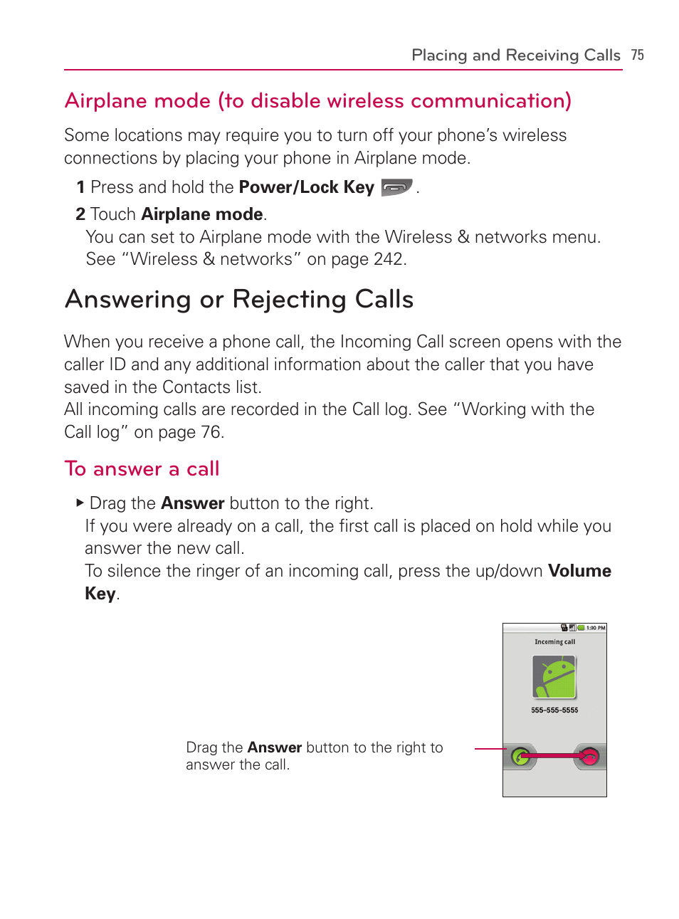 Answering or rejecting calls, Airplane mode (to disable wireless communication) | LG AS740 User Manual | Page 76 / 308